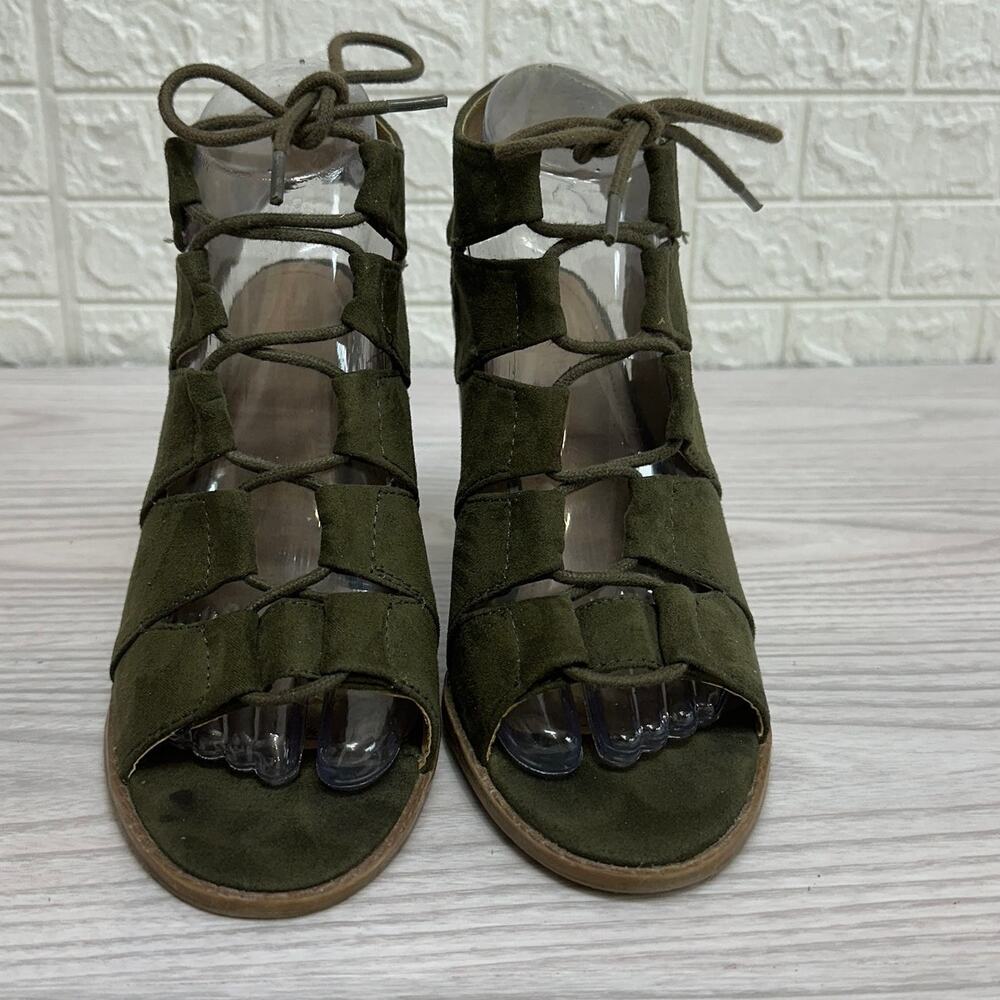Reaction Kenneth Cole Sandals WMNS 8 Gladiator Lace Up Suede Green Block Heels